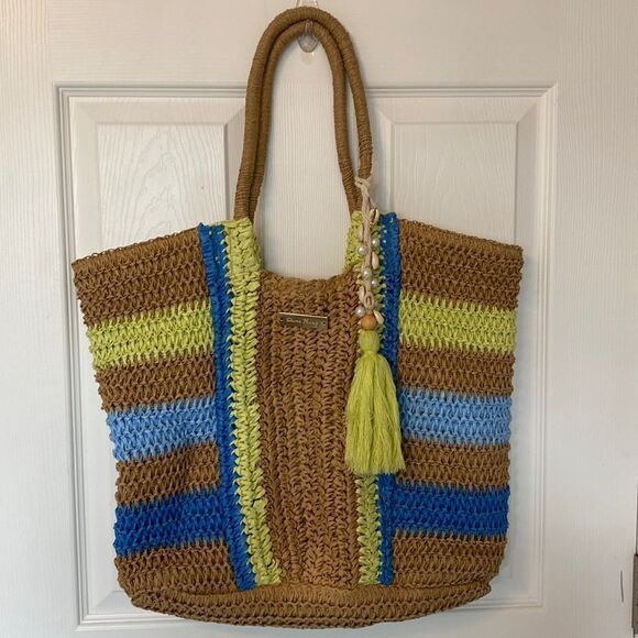 shore thing-woven beach bag with shell tassel- blue and green - Picture 1 of 8